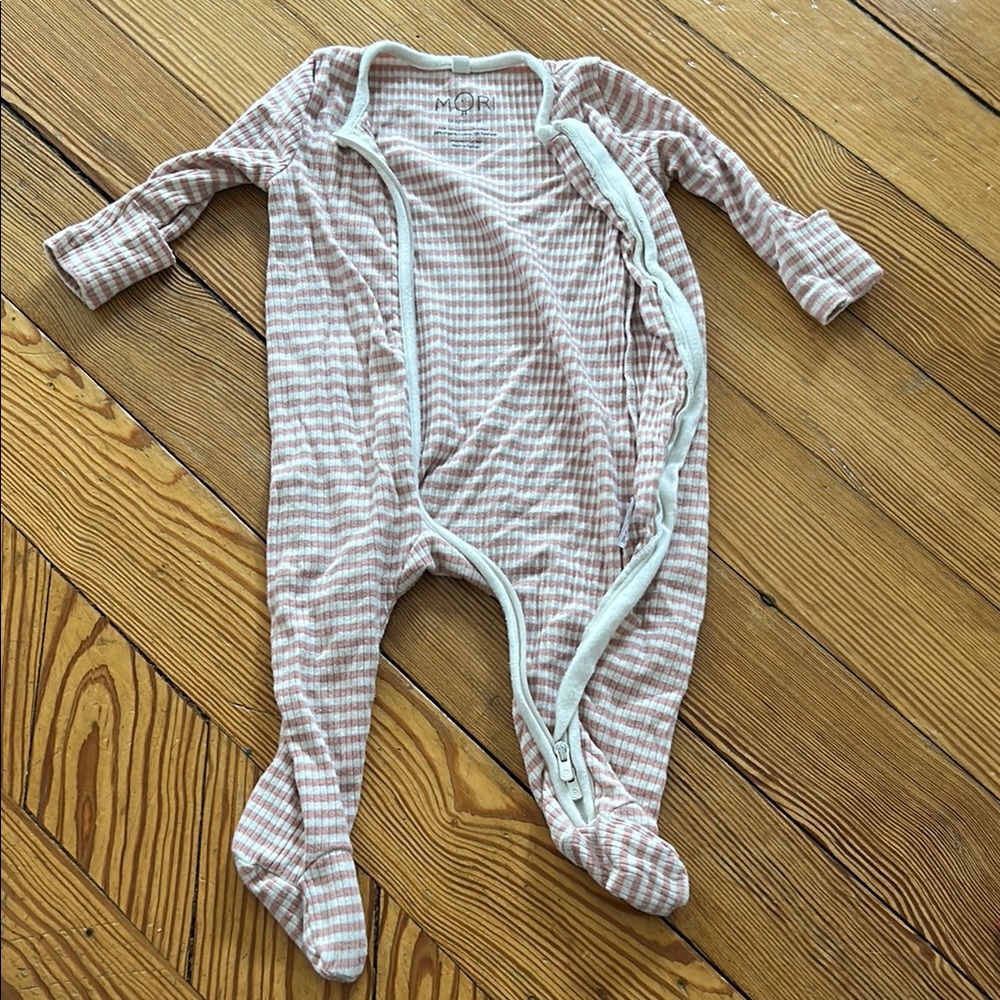 Pink Striped Kids Footie with hand cuffs 0-3 month